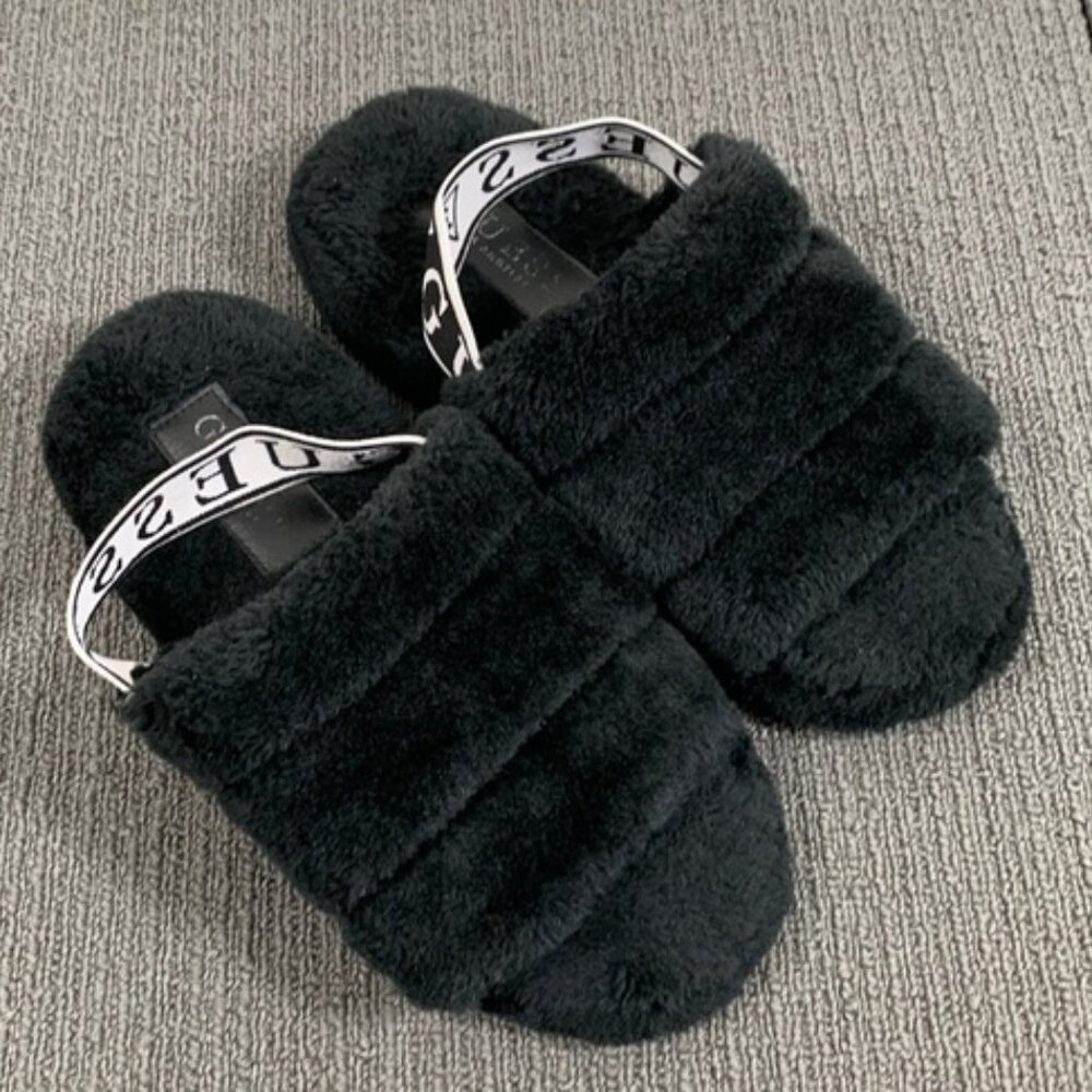 Guess Rozy Slippers Womens Size 6 Black Faux Fur Platform Slides Slingback
